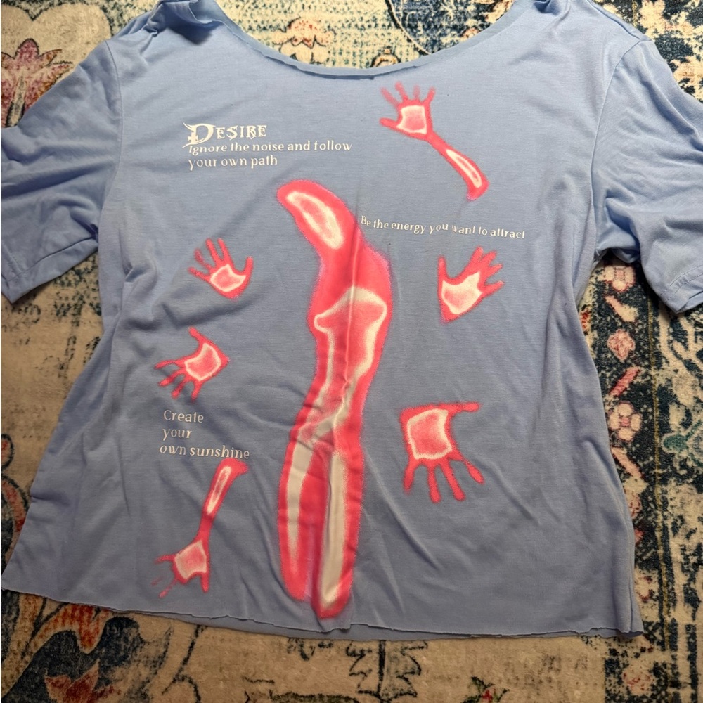 Blue Graphic Tee with Pink Design